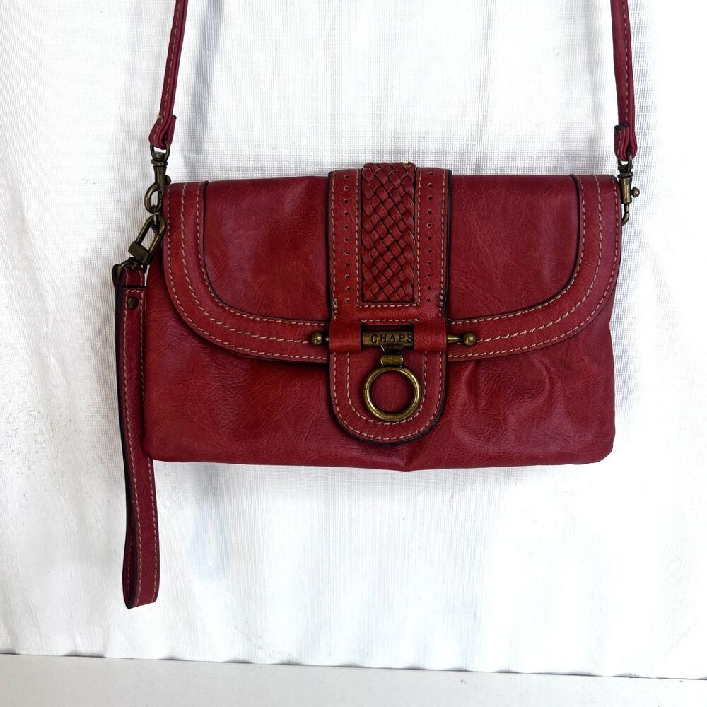 Chaps Crossbody Bag Purse Gold‎ Metal Front Clasp Faux Leather Red Boho Western